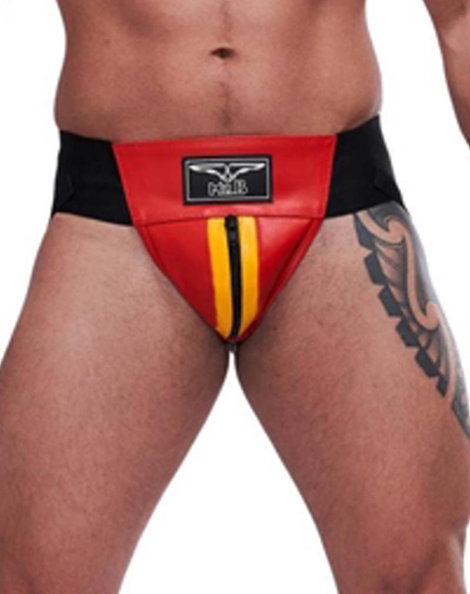 Mister B leren circuit jockstrap rood met gele bies - xs