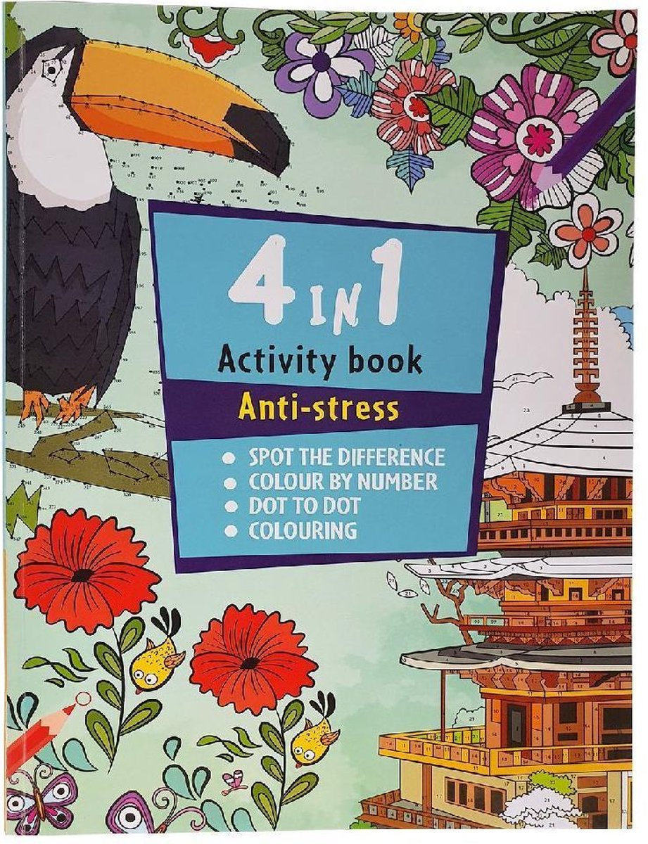 Activiteitenboek voor volwassenen Anti-Stress | Kleurboek voor volwassenen 4 in 1 - Kleuren op nummer - Zoek de verschillen - Dot to dot - Dieren - Bloemen