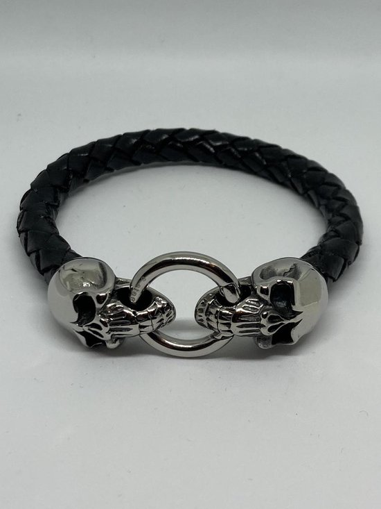 RH-Jewelry. Heren armband. Leer met stalen skulls. 23 cm | bol.com
