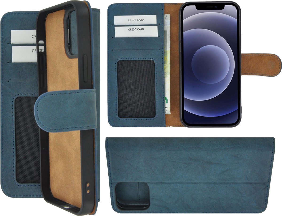 Geschikt voor Iphone 12 Pro Max Hoesje - Bookcase - Iphone 12 Pro Max Hoesje Portemonnee wallet Echt Leer Washed Turquoise Cover