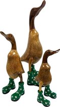 Houten eenden met laarzen - Set van 3 - Houten eend decoratie - Houten dieren - Bamboe eenden groen - Eenden met schoentjes - JoJo Living
