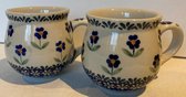 Bunzlau 2 x boeren bekers 200 ml blauw met blauwe bloem