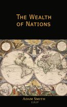 Livre intitulé 'The Wealth of Nations' par Adam Smith, avec une ancienne carte du monde et des figures.