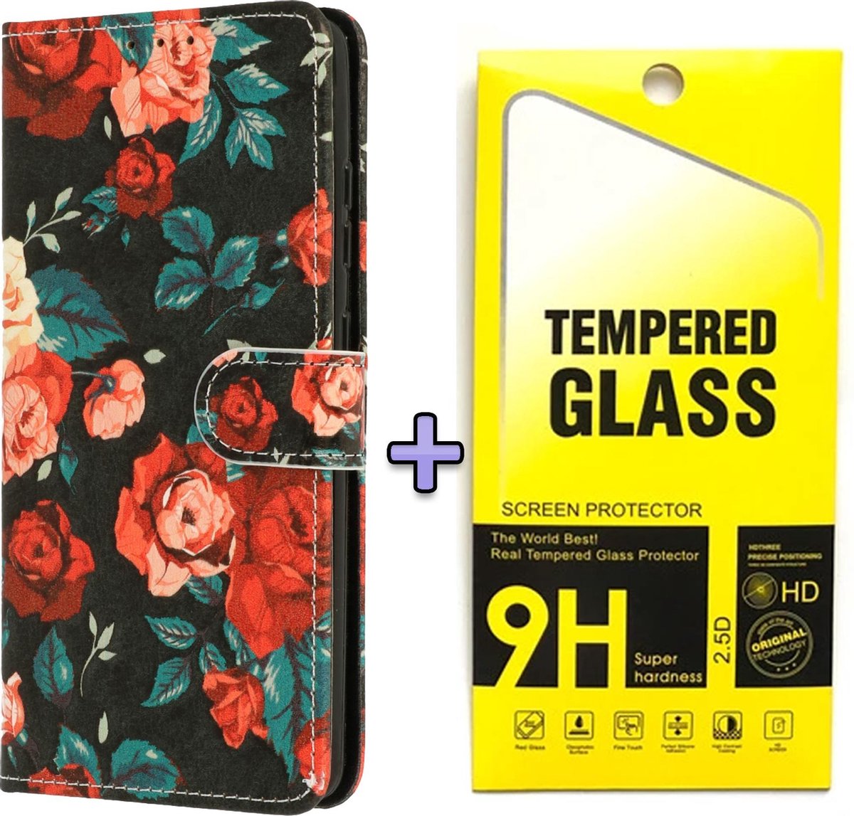 HB Hoesje Geschikt voor Samsung Galaxy S21 Plus met Print - Portemonnee Book Case - Kaarthouder & Magneetlipje - Vintage Bloemen & Glazen Screenprotector