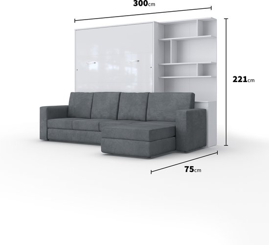 INVENTO SOFA MAX Verticaal Vouwbed Inclusief Hoekbank + Kast - Opklapbed - Bedkast - Wit Mat - 200x160
