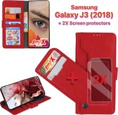 EmpX.nl Samsung Galaxy J3 (2018) Rood  Boekhoesje en 2x Screen Protector | Portemonnee Book Case | Met Multi Stand Functie | Kaarthouder Card Case | Beschermhoes Sleeve | Met Pasje