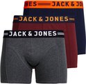 Drie boxers: grijs, bordeaux en donkerblauw, elk met een andere kleur elastische band met
'JACK & JONES' logo.