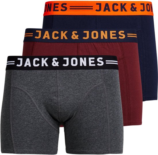 Drie boxers: grijs, bordeaux en donkerblauw, elk met een andere kleur elastische band met
'JACK & JONES' logo.