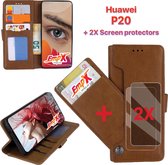 EmpX.nl Huawei P20 Khaki Boekhoesje en 2x Screen Protector | Portemonnee Book Case | Met Multi Stand Functie | Kaarthouder Card Case | Beschermhoes Sleeve | Met Pasjeshouder & Magn