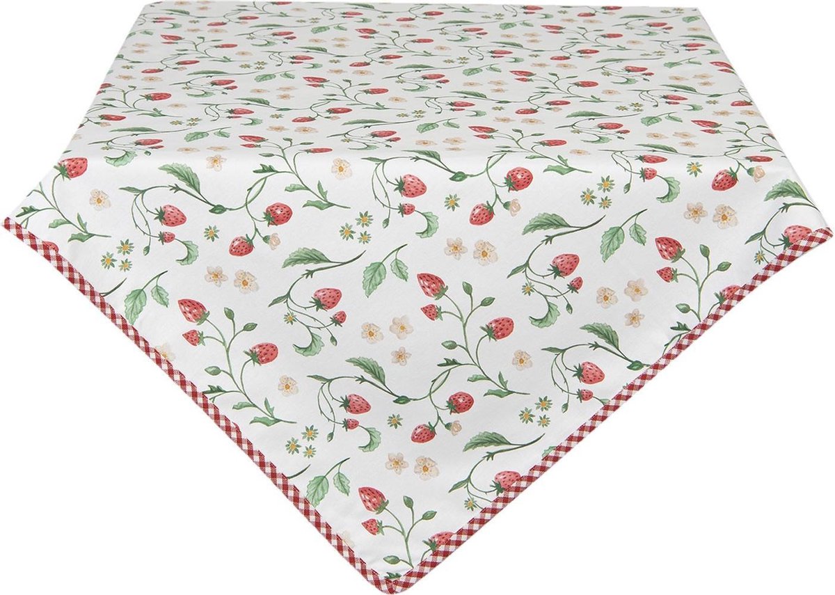 Clayre & Eef Tafelkleed 150x150 cm Wit Rood Katoen Aardbeien