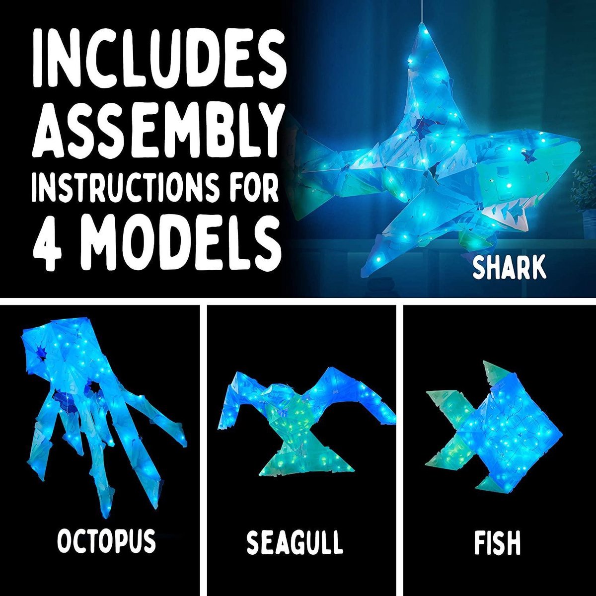 Creatto Haai - Bouwset met LED Verlichting - Bouw 4 Lichtgevende Zeedieren - Haai, Octopus, Meeuw en Vis - 140 Onderdelen - Creatief Bouwspeelgoed - Vanaf 9 Jaar — afbeelding 2