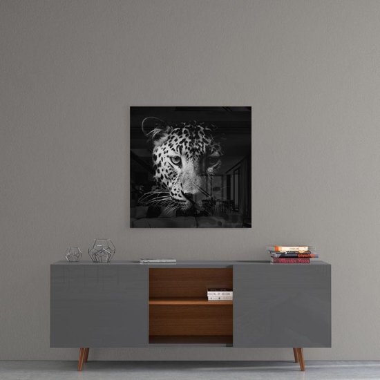 Insigne Glazen Schilderijen - Dieren - Luipaard glasschilderij - Grijs - Wit - wanddecoratie - 80×80 cm | 4 mm