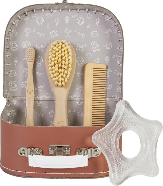 BamBam Cadeaukoffer Stay Time Roestbruin - Bijtring ster, Borsteltje & kam, Bamboe tandenborstel - Baby cadeau van BamBam — afbeelding 2