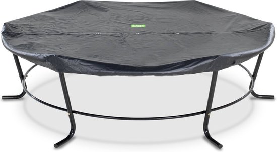 Donkergrijze EXIT trampoline afdekhoes bedekt een ronde trampoline met metalen poten.