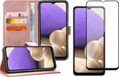 Samsung A32 Hoesje en Samsung A32 Screenprotector - Samsung Galaxy A32 5G Hoesje Book Case Leer Wallet Rosegoud + Screen Protector Glas Full