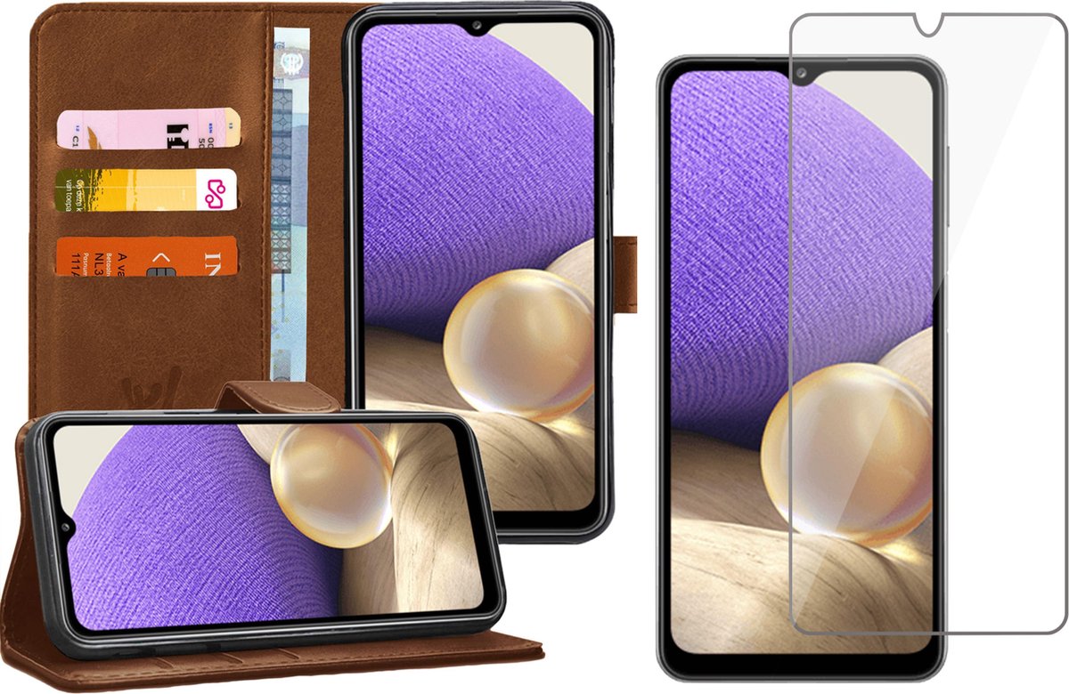 Hoesje geschikt voor Samsung Galaxy A32 5G - Screen Protector GlassGuard - Book Case Kunstleer Pasjeshouder Bruin & Screenprotector