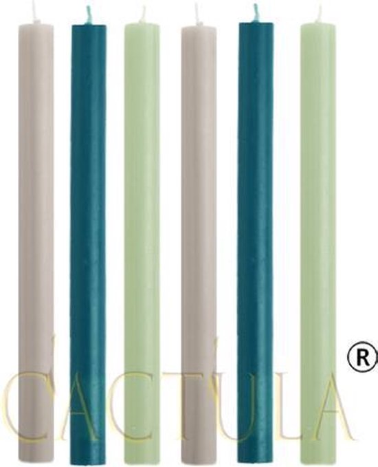 Cactula Cool Breeze lange dinerkaarsen 30 cm diameter 2,1 | 6 stuks | Grijs / Mint groen / Blue