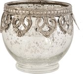 Clayre & Eef Theelichthouder Ø 10*9 cm Zilverkleurig Glas Rond Waxinelichthouder Windlichthouder