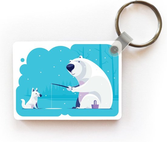 Sleutelhanger - Illustratie van een vissende ijsbeer en een wolf - Uitdeelcadeautjes - Plastic