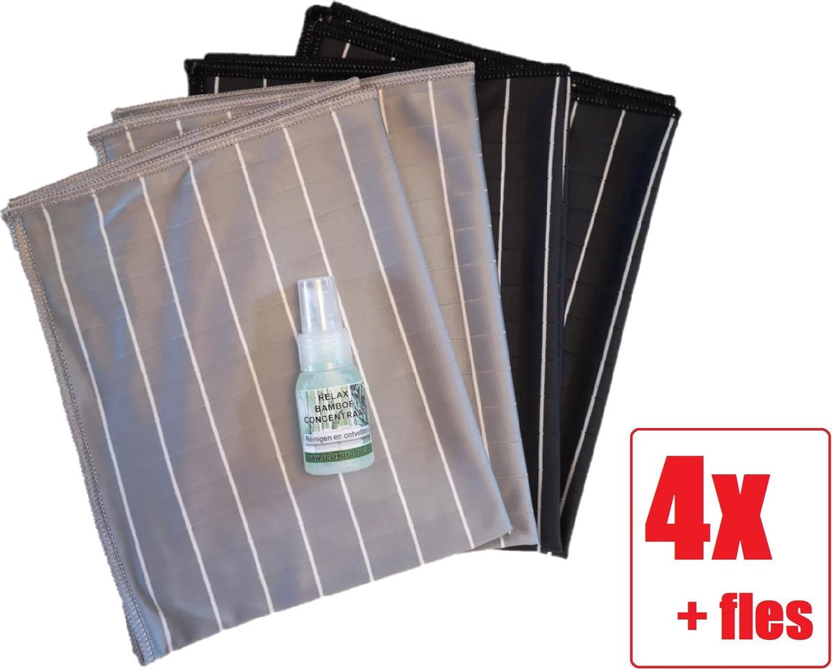 Goedkoopste Bamboe Glasdoek - Glasdoeken - Microvezeldoek - Zeem - Droogdoek - Zeem - Ramendoek - Keukendoek - Wonderdoek - Streeploos schoonmaken - 4 STUKS grijs-zwart Bamboe Concentraat