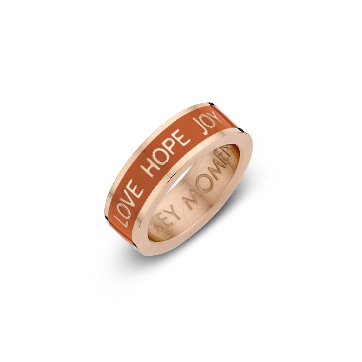 Key moments 8KM-R0011-50 Stalen Ring - Dames - Oranje - Emaille - LOVE HOPE JOY - Maat 50 - Staal - Cadeau - Roségoudkleurig