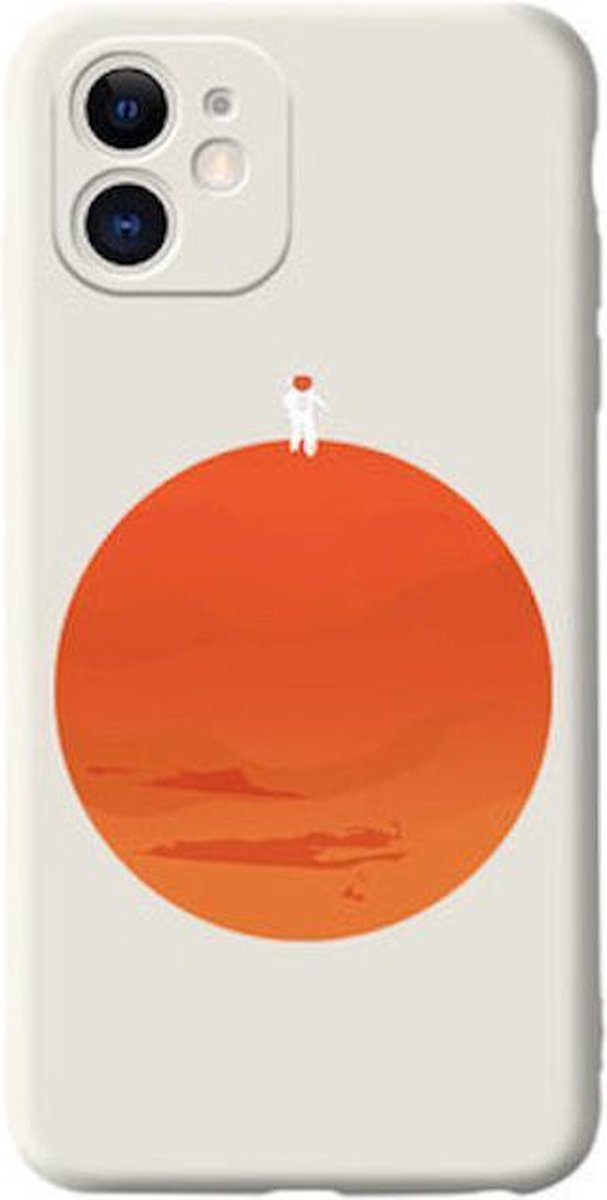 iPhone 11 Hoesjes Siliconen Hoes Case - Spaceman stand on Oriange planet - wit- schattig - interessant -Tekenfilms - Dezelfde mobiele achtergrond