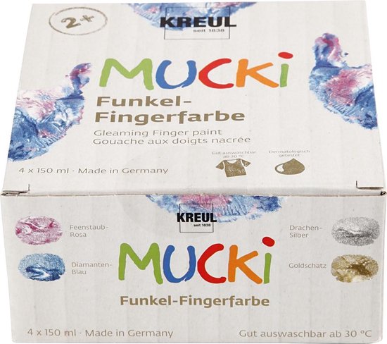 Mucki Vingerverf, metallic blauw, goud metallic, metallic roze, zilver metallic, 4x150 ml/ 1 doos