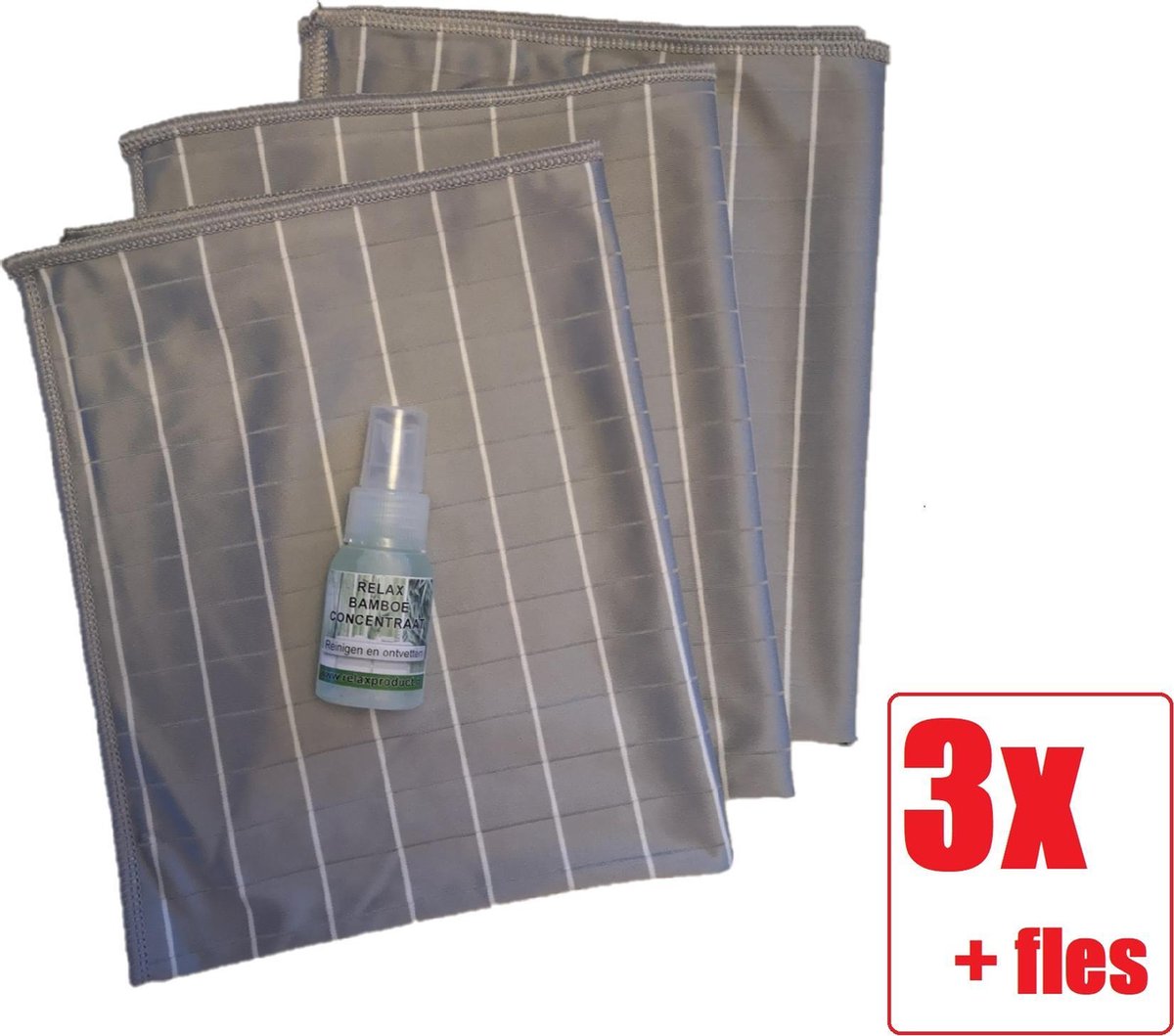 Goedkoopste Bamboe Glasdoek - Glasdoeken - Microvezeldoek - Schoonmaakdoek - Droogdoek - Zeem - Ramendoek - Keukendoek - Wonderdoek - Streeploos schoonmaken - 3 STUKS GRIJS Relax Bamboe Concentraat