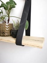 Wandplank met lederen riemen | 90 cm | Naturel hout | Grijze lederen banden