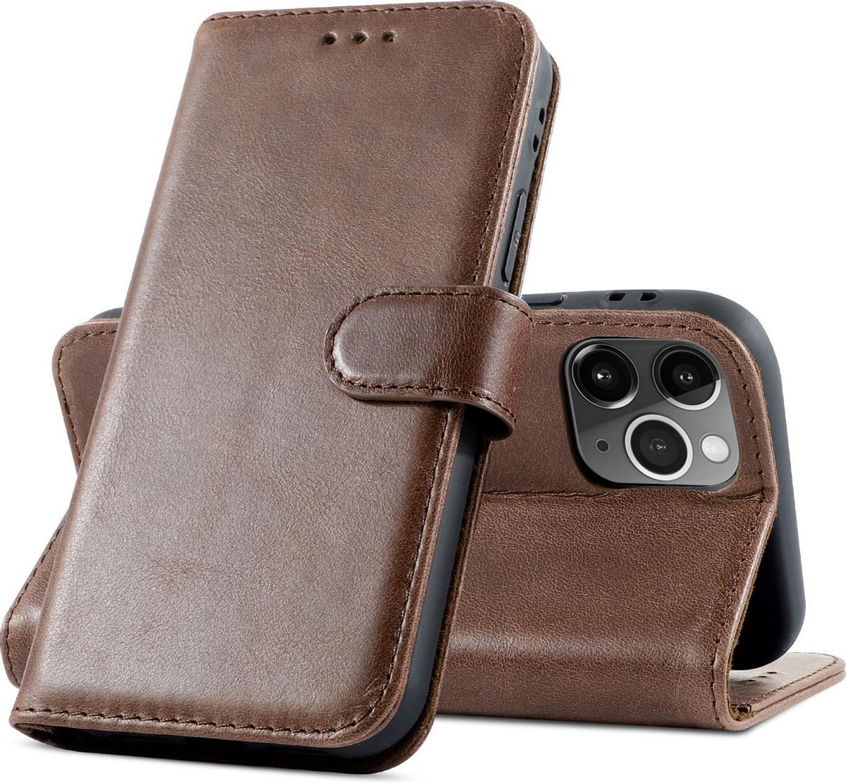 Klassiek Design - Echt Lederen Hoesje - Book Case Telefoonhoesje - Echt Leren Portemonnee Wallet Case - iPhone 12 Pro Max - Mocca