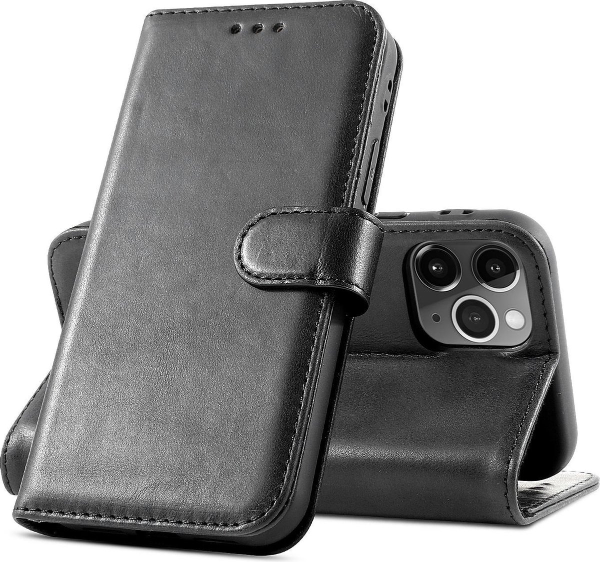 Klassiek Design - Echt Lederen Hoesje - Book Case Telefoonhoesje - Echt Leren Portemonnee Wallet Case - iPhone 12 en iPhone 12 Pro - Zwart