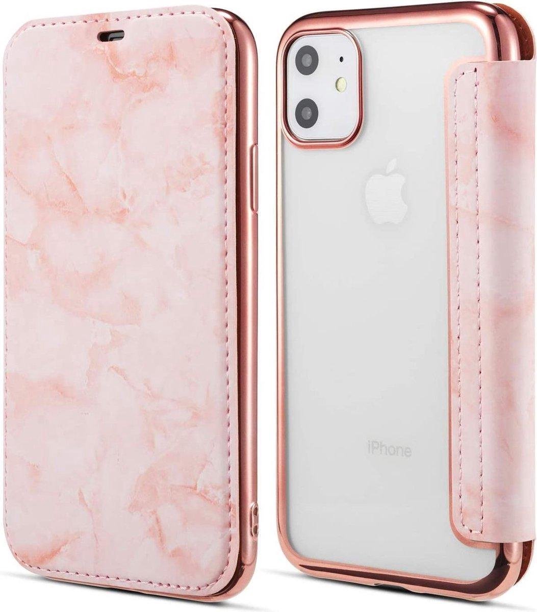 Geschikt voor Apple iPhone 12 Flip cover - Roze - Marmer - Folio