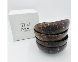 MLMW - Kokosnoot Kom Origineel JUMBO - Coconut Bowl Original JUMBO - 650 ML - Handgemaakt - Uniek - Duurzaam - 100% Natuurlijk - Set van 4 - geschikt voor smoothie bowls, yoghurt, fruit en salades.
