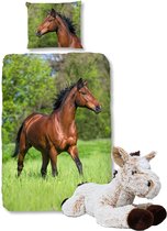 Good Morning Dekbedovertrek bruin Paard-140 x 220 cm, Paarden dekbed-katoen, met zachte paarden-knuffel 32 cm Beige