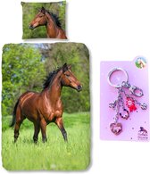 Good Morning Dekbedovertrek bruin Paard-140 x 220 cm, Paarden dekbed-katoen, met metalen sleutelhanger set roze