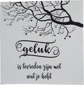 Wandbord "Geluk is tevreden zijn met wat je hebt" vierkant 19x19cm compleet met voetje en materiaal voor wandbevestiging