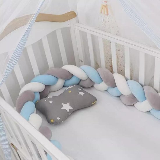 Gevlochten Baby Bed Bumper – Blauw/Grijs/Wit – 1.5M | bol