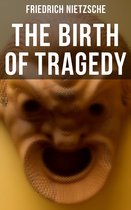 Boek "The Birth of Tragedy" van Friedrich Nietzsche met een masker van een tragisch gezicht.