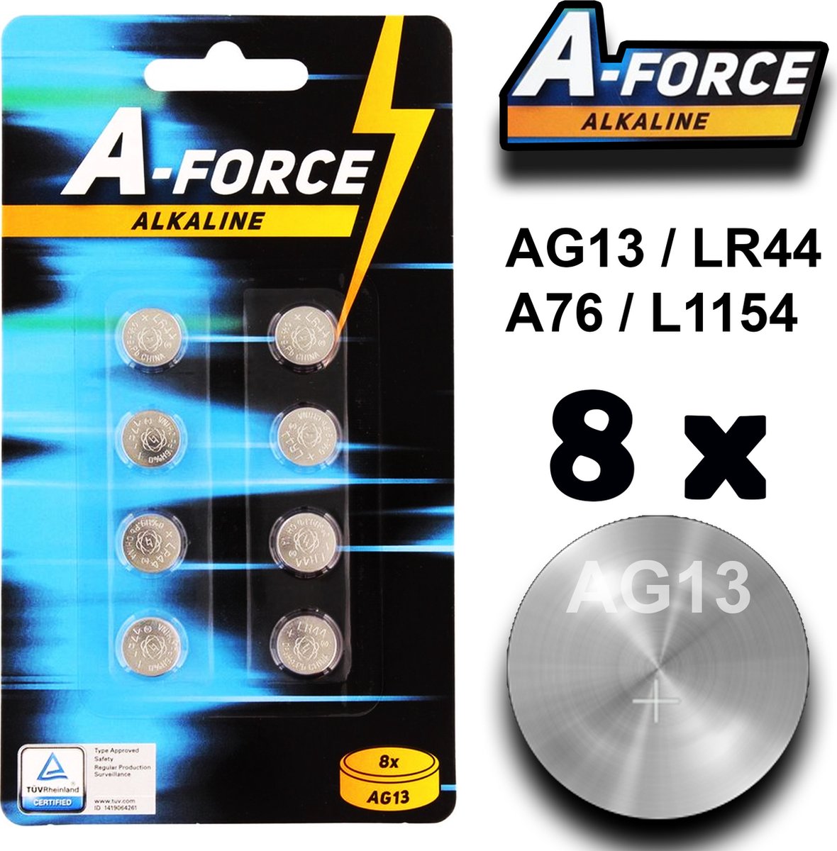 A-Force Powerfull Knoopcel Batterij AG13 / LR44 / A76 / L1154 - 8 stuks - Knoopcel Batterijen