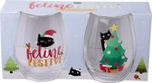 Glazen (set van 2) - Kerst - Katten 12 cm hoog