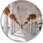 Dibond Wandcirkel - Witte Pilaren in Sjeik Zayed-moskee  - 50x50cm Foto op Aluminium Wandcirkel (met ophangsysteem)