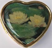 Zeeuws Meisje - Juwelendoosje - Hartvorm, messing verguld met echt laagje goud - met spiegel - afbeelding witte waterlelies van impressionist Claude Monet