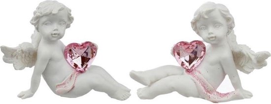 Set van 2 Cherubijntjes Engeltjes met  Roze Hart 4.5x5.5x4cm