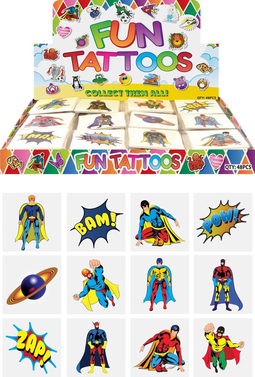 Tattoos kinderen - SuperHeroes - Tijdelijke tattoo SUPER HEROES voor jongens - 60 stuks / FUNARTIKEL