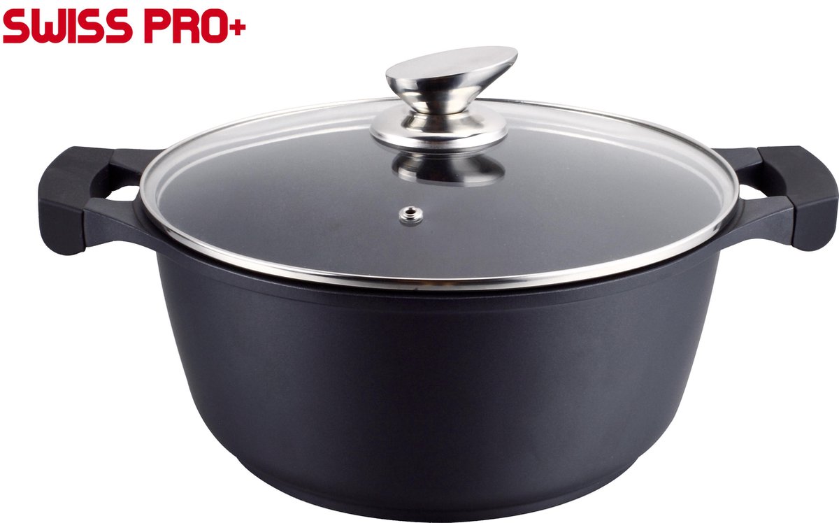 Swiss Pro+ Braadpan - met glazen deksel - Zwart - 32 cm - Antiaanbaklaag