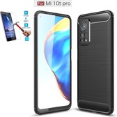 Xiaomi Mi 10T Pro Carbone Brushed Tpu Zwart Cover Case Hoesje - 1 x Tempered Glass Screenprotector CTBL