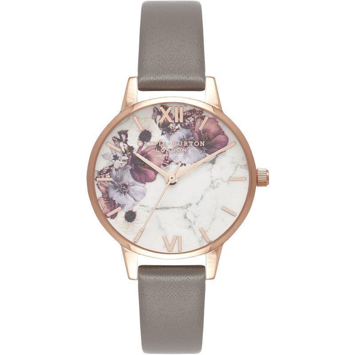 Olivia Burton Marble Florals - OB16MF08 - Dameshorloge - Grijs - Rosegoud - Lederen band - 30 MM