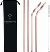 DRINKONLOVE - COMFY ROSÉ GOLD - Rietjes RVS - Rosé goud - 26 cm - Set van 2 gebogen en 2 rechte rietjes met 4 siliconen mondstukjes en borsteltje