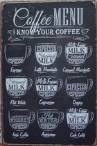 Wandbord – Coffee menu - Vintage Retro - Mancave - Wand Decoratie - Emaille - Reclame Bord - Tekst - Grappig - Metalen bord - Schuur - Mannen Cadeau - Bar - Café - Kamer - Tinnen b