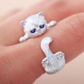 Poezelig ring in de vorm van een kat - one size verstelbaar - zilverkleurig